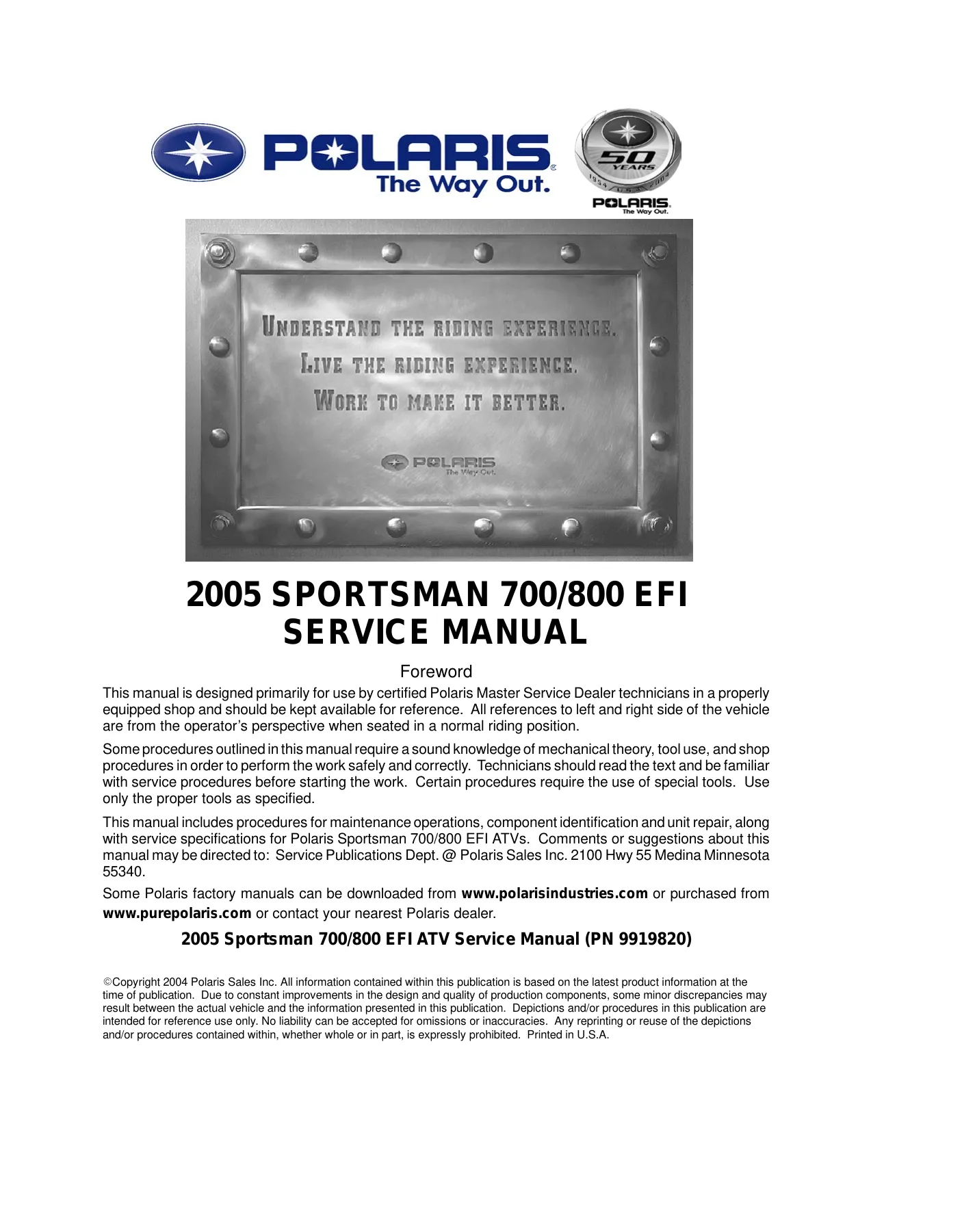 2005 Polaris Sportsman 700, Sportsman 800 EFI Twin ATV service manual Preview image 2