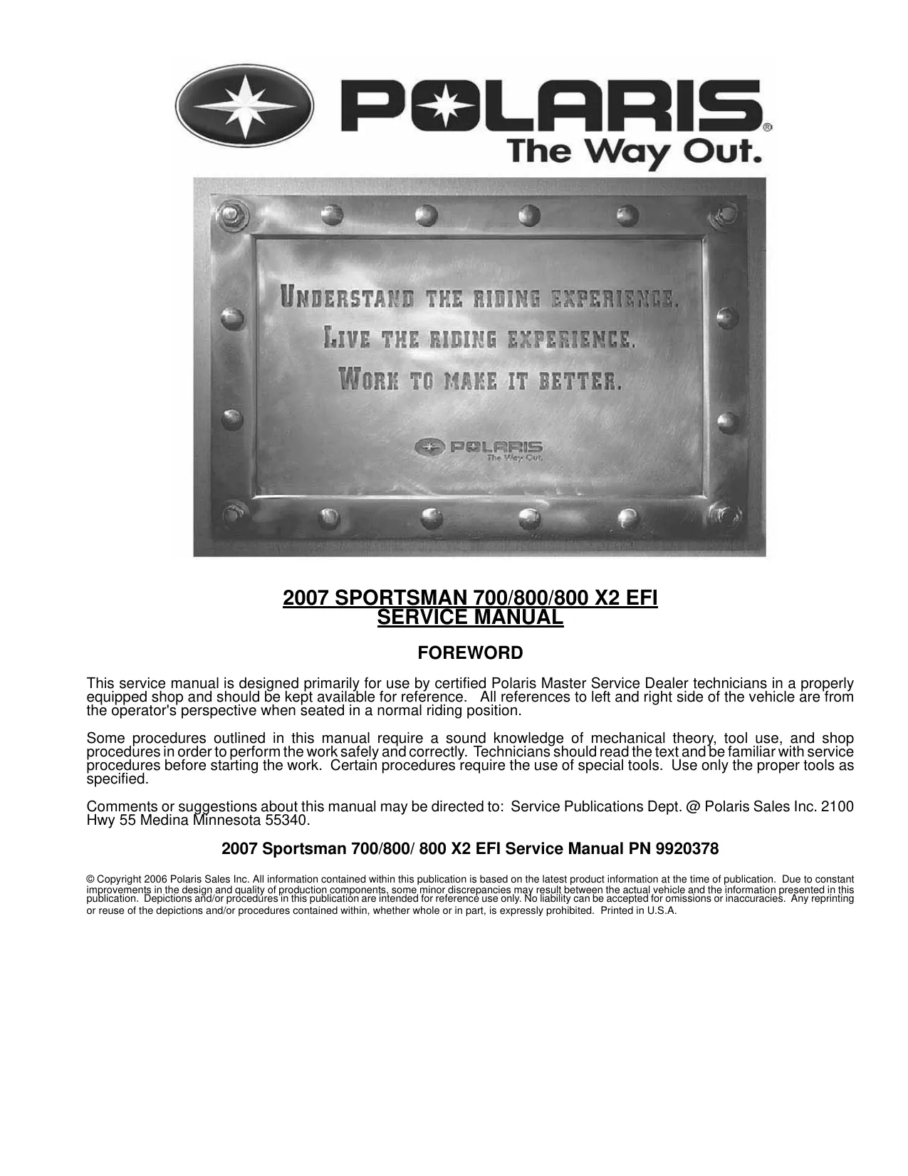 2007 Polaris Sportsman 700 EFI, 800 EFI, 800 X2 EFI service manual