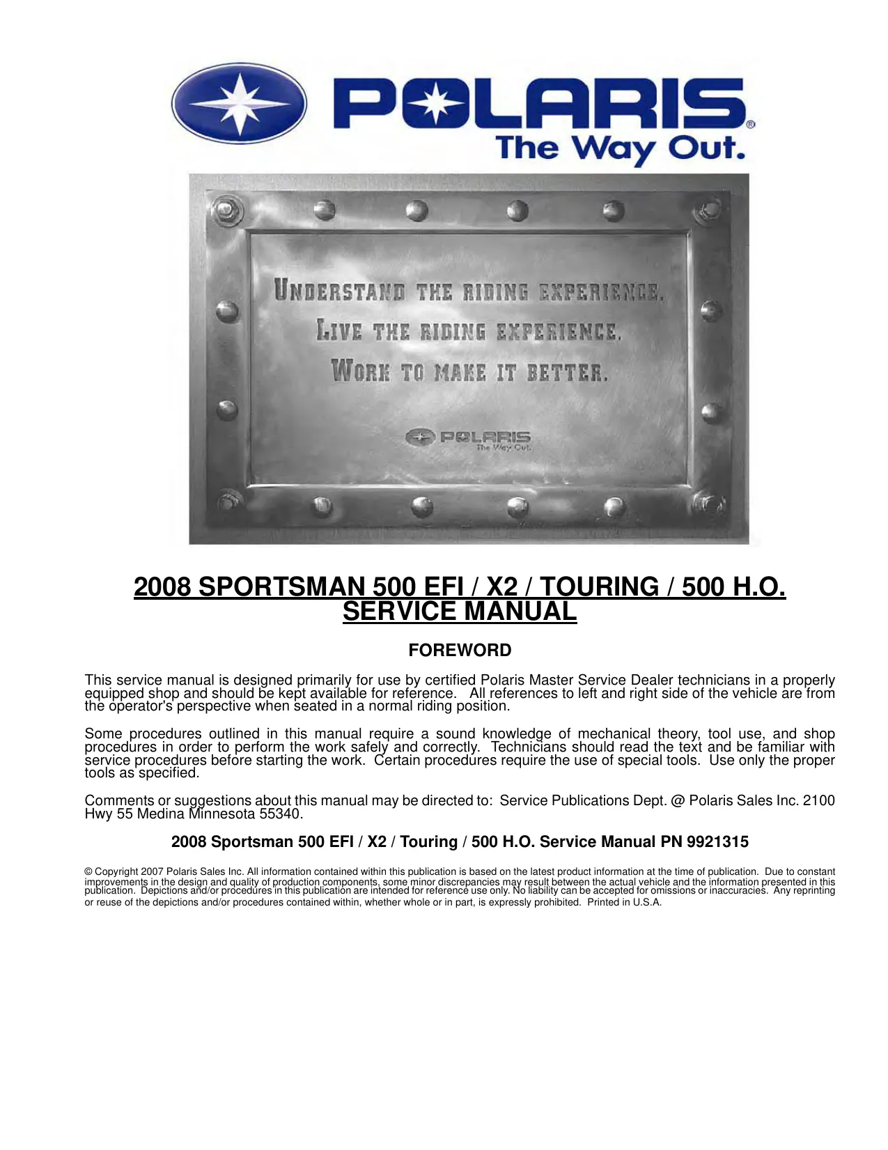 2008 Polaris Sportsman 500, 500 EFI,  500 EFI Scandinavian, 500 HO, Touring 500 EFI, Touring 500 EFI Quadricycle service manual