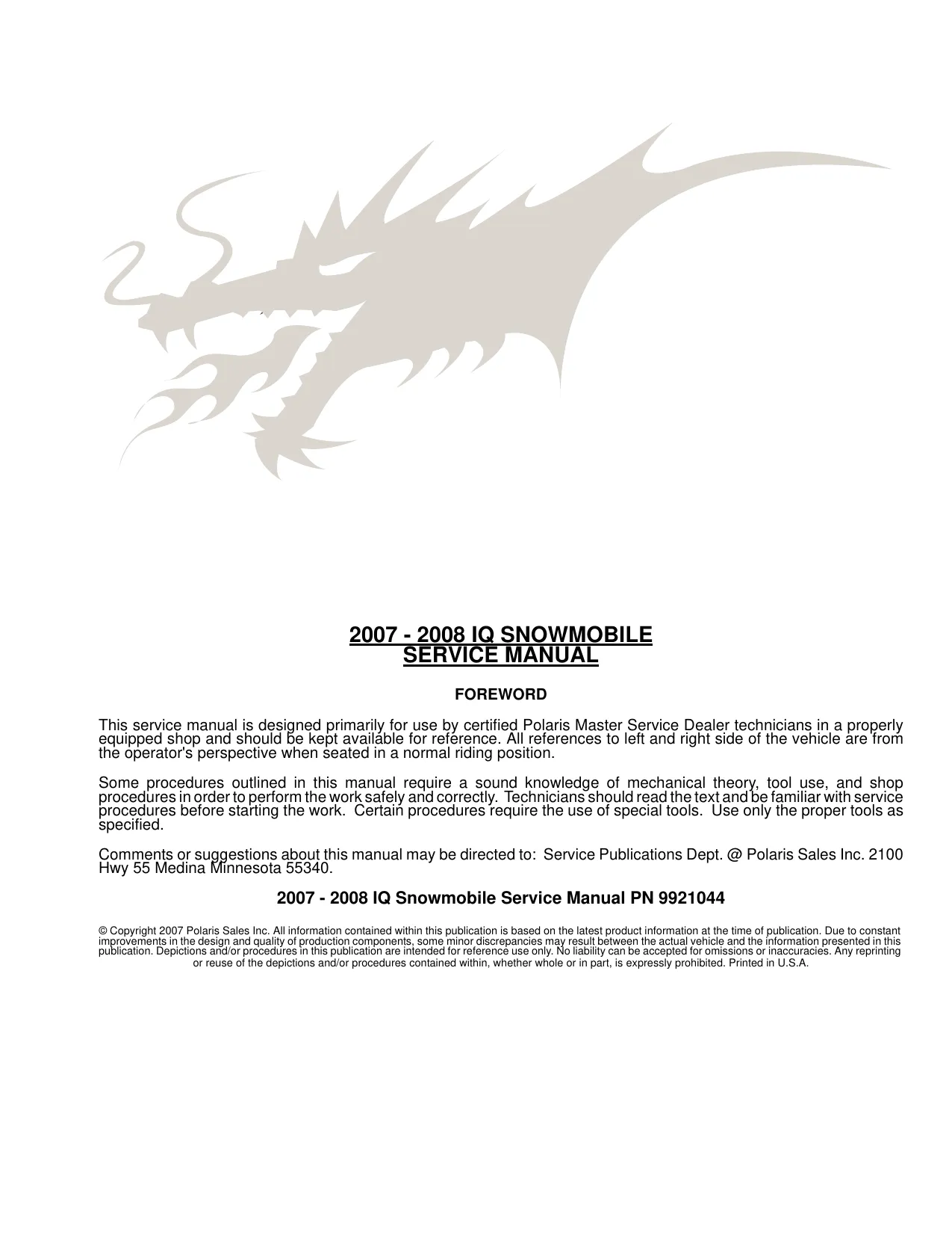 2007-2008 Polaris IQ 600, 700 HO Switchback RMK CFI Dragon snowmobile repair manual