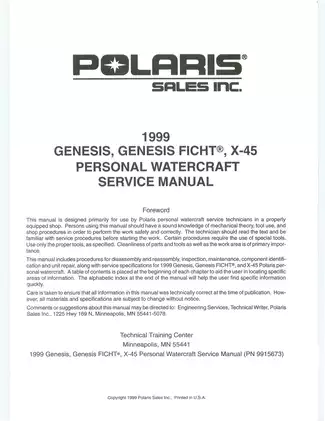 1999  Polaris Genesis, Genesis Ficht, X-45 service manual Preview image 2