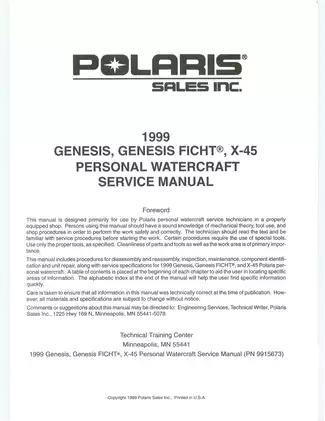 1999 Polaris Genesis, Genesis FICHT®, and X-45 Personal Watercraft Service Manual Preview image 2