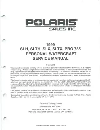 1999 Polaris SLH, SLTH, SLX, SLTX, PRO 785 manual Preview image 2