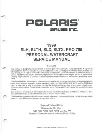 1999 Polaris SLH, SLTH, SLX, SLTX, and Pro 785 Personal Watercraft Service Manual Preview image 2