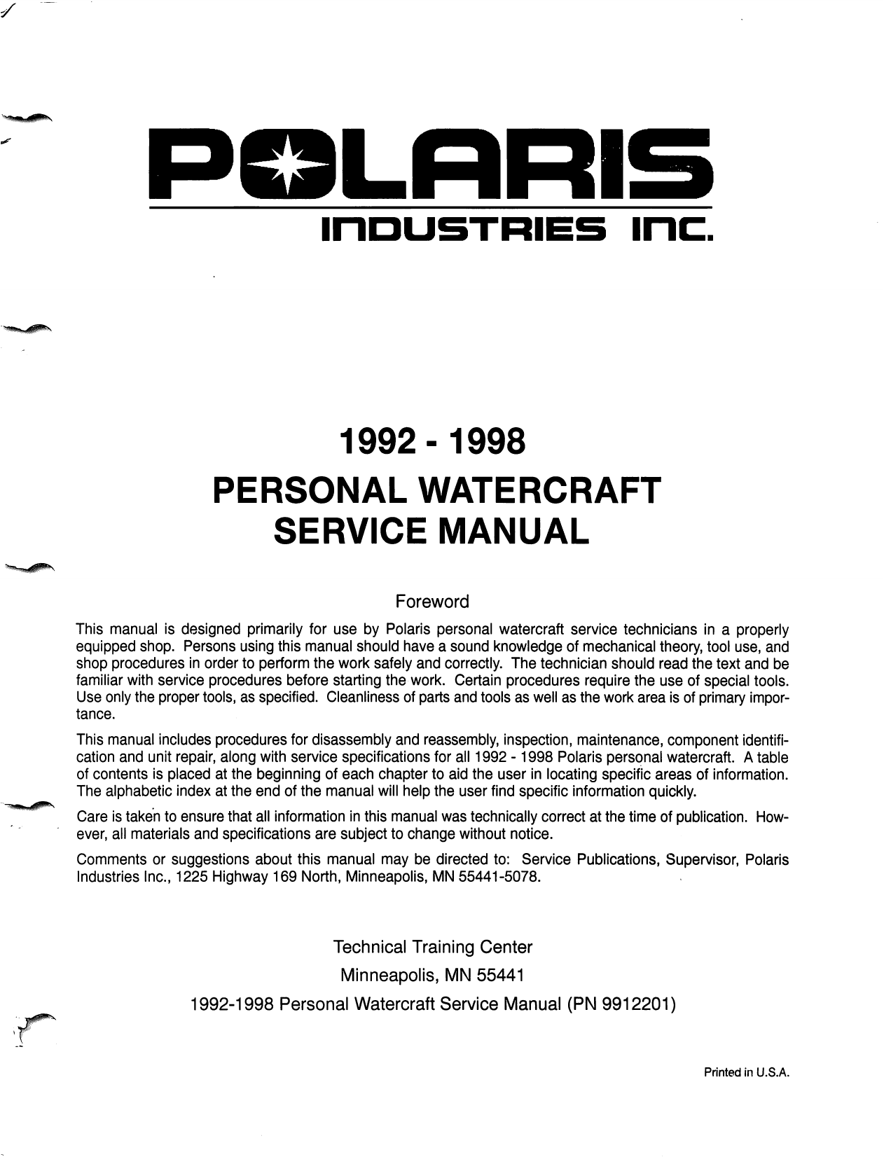1992-1998 Polaris SL650, SL750, SLT750, SLX780, SL700, SLT700, SL780, SL900, SLX780, SLT780, Hurricane, SLTX, SL700 Deluxe, Hurricane, Sl780, SLX PRO 785, SL1050, SLH, SLTH, SLXH manual Preview image 6