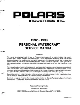 1992-1998 Polaris SL650, SL750, SLT750, SLX780, SL700, SLT700, SL780, SL900, SLX780, SLT780, Hurricane, SLTX, SL700 Deluxe, Hurricane, Sl780, SLX PRO 785, SL1050, SLH, SLTH, SLXH service manual Preview image 1