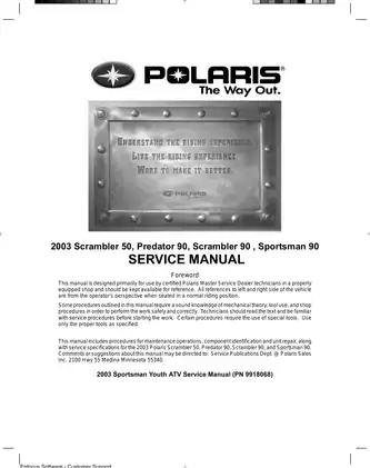 2003 Polaris Youth ATV Service Manual - Scrambler & Sportsman Models Preview image 2