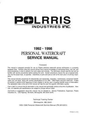 1992-1998 Polaris service manual: SL650 SL750 SLT SL650 STD SLTI50 SLX780 SL700 SLTIOO SL780 SL900 SLTI80 SLTX Hurricane SL700 Deluxe SLT700 SLX Pro 785 SL1050 SLH SLTH SLXH  Preview image 1