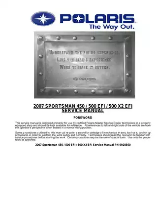 2007 Polaris Sportsman 450 / 500 EFI / 500 X2 EFI Service Manual