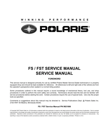 2006–2008 Polaris FS/FST Service Manual (P/N 9921066)