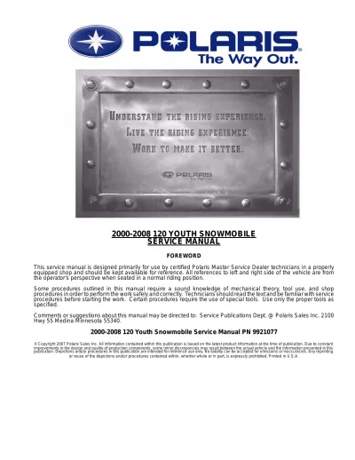 2000–2008 Polaris 120 / 120 XC SP Youth Snowmobile Service Manual (P/N 9921077)