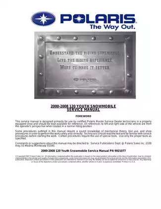 Polaris 120 Youth Snowmobile Service Manual (2000-2008)
