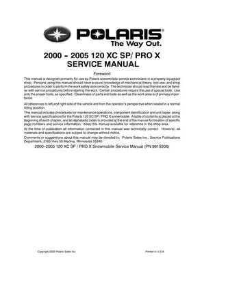 Polaris 120 XC SP/PRO X Service Manual (2000-2005) - Comprehensive Repair & Maintenance Guide Preview image 2