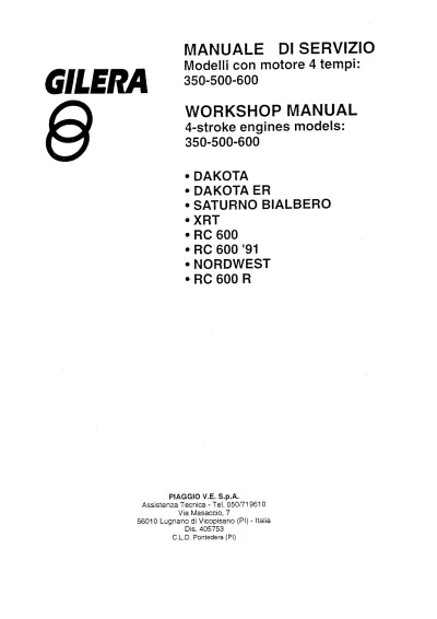 Preview: 1987–1993 Gilera Dakota / Saturno / XRT / RC 600 / Workshop Manual (P/N 405753)