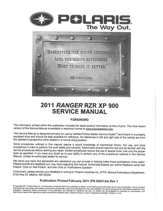 2011-2012 Polaris Ranger RZR XP 900 ATV service manual Preview image 3
