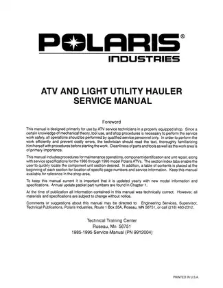 Polaris ATV and Light Utility Hauler Service Manual (1985-1995) Preview image 2