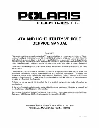 Polaris ATV & Light Utility Vehicle Service Manual (1996-1998)