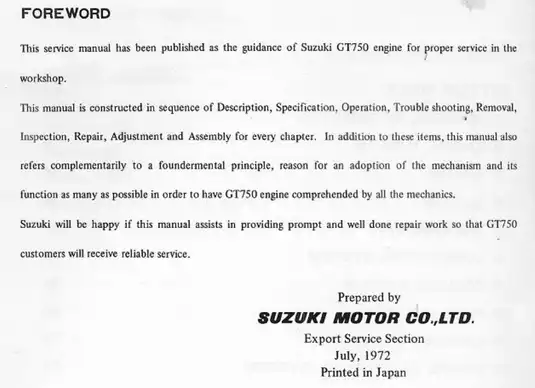 Suzuki GT750 Motorcycle Service Manual - Comprehensive Guide for Mechanics Preview image 2
