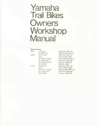 Yamaha Trail Bikes Owners Workshop Manual (1971-1980) - Comprehensive Guide for Maintenance and Repair Preview image 1