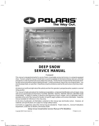 2003 Polaris 340, 440, 500, 550, 600, 700, 800 Edge Classic, Pro X Fan, Pro X, Classic, Classic Edge, Edge RMK, RMK 144, RMK 151, SKS, Trail RMK snowmobile service manual Preview image 2