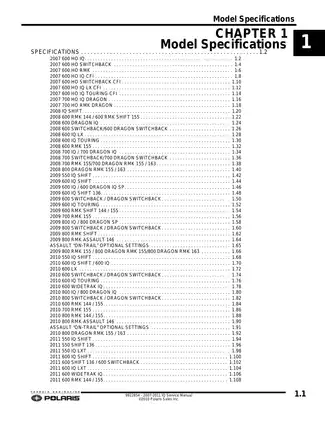 2007-2011 Polaris IQ, HO, RMK CFI, Switchback, LX, Touring, Dragon, Shift, Assault, Widetrak, Chassis snowmobile repair manual Preview image 1