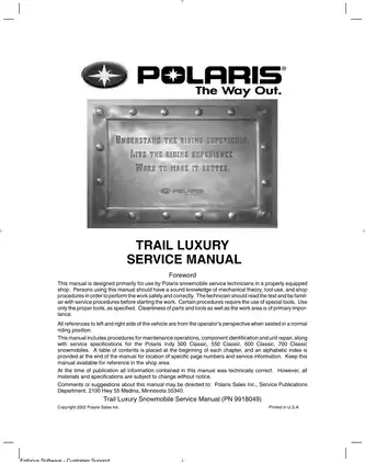 Polaris Snowmobile Service Manual - Repair and Maintenance (2002 Models) Preview image 2