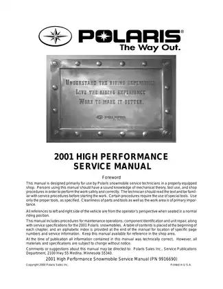 2001 Polaris 500, 600, 700, 800, Indy, XC, SP, RMK, XCR High Performance snowmobile service manual Preview image 1