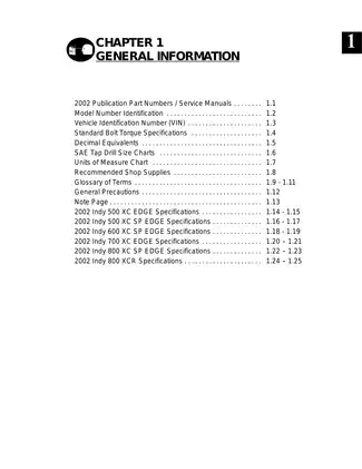 2002 Polaris 500 XC SP, 600 XC SP,  700 XC SP,  800 XC SP, 800 XCR snowmobile manual Preview image 1