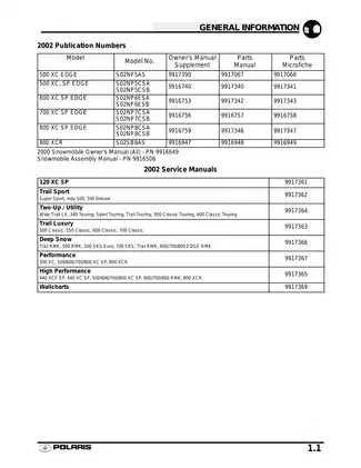 2002 Polaris 500 XC SP, 600 XC SP,  700 XC SP,  800 XC SP, 800 XCR snowmobile manual Preview image 2