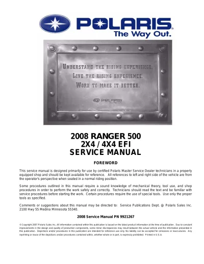 2008 Polaris Ranger 500 2x4 / 4x4 EFI Service & Repair Manual (P/N 9921267)