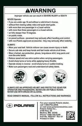 Polaris RANGER RZR XP® 900 / RZR XP® 4 900 Owner’s Manual - Essential Maintenance & Safety Guide for Your Off-Road Adventure Preview image 4