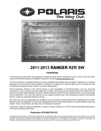 Polaris Ranger RZR SW, Ranger RZR 800 EFI Repair Manual 2011–2013 (P/N (PN 9922720-CD)