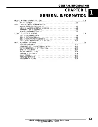 2012 Polaris Sportsman 400/500 EFI & Carburetor Service Manual Preview image 4