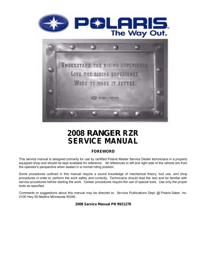 2008 Polaris Ranger RZR 800 Service Manual (P/N 9921278)