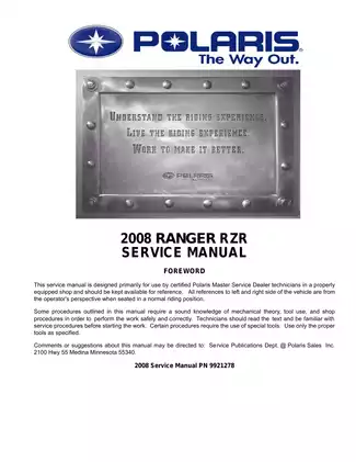 2008 Polaris Ranger RZR 800 UTV service manual