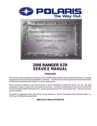 2008 Polaris Ranger RZR Service Manual - Comprehensive Maintenance & Repair Guide