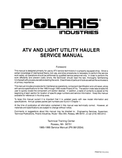 1985–1995 Polaris ATV & Light Utility Hauler Factory Service Manual (P/N 9912004)