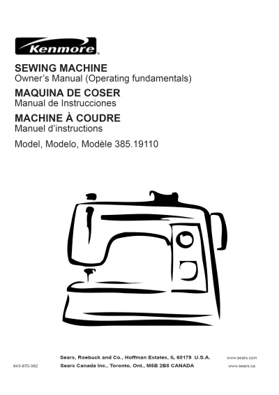 Kenmore Model 385.19110 Sewing Machine Owner's Manual & Service Guide (P/N 843-870-382) – preview page 1