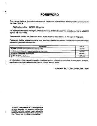 2000 Toyota Celica Maintenance and Repair Manual - ZZT230/231 Series Preview image 2
