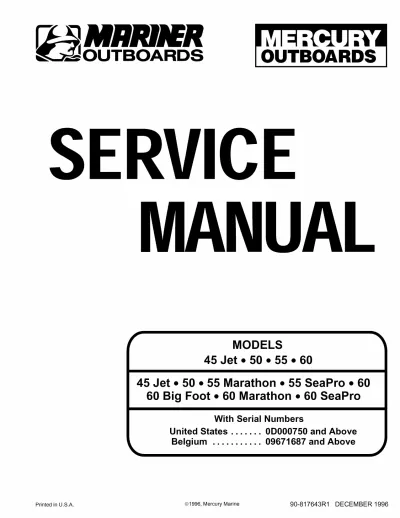 1996 Mercury 45 Jet, 50, 55 Marathon, 55 SeaPro, 60, 60 Big Foot, 60 Marathon, and 60 SeaPro Outboard Motors Service Manual  (P/N 90-817643R1) – preview page 1