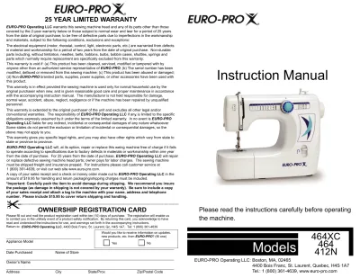 EURO-PRO 464XC, 464, 412N Sewing Machine Service Manual (OEM)