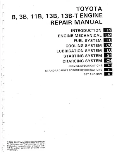 Preview: Toyota B, 3B, 11B, 13B, 13B-T Diesel Engine Service & Repair Manual (P/N RM035E)