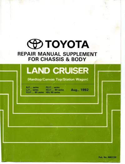 Preview: Toyota Land Cruiser RJ70/RJ73/RJ77/LJ70/LJ72/LJ73/LJ77/LJ79/FZJ70, FZJ73/FZJ75/PZJ70/PZJ73/PZJ75/HZJ70/HZJ73/HZJ75 Repair Manual Supplement (P/N RM315E)