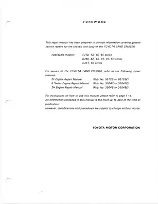 1980 Toyota Land Cruiser FJ40, FJ43, FJ45, FJ60, BJ40, BJ42, BJ43, BJ45, BJ46, BJ60, HJ47, HJ60 repair manual Preview image 2