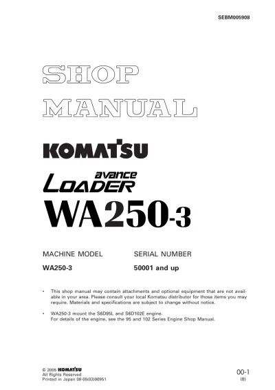 Komatsu WA250-3 Wheel Loader 1995–2005 Workshop Manual (P/N SEBM005908)