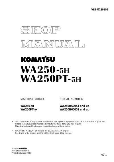 Komatsu WA250-5H / WA250PT-5H Shop Manual (P/N VEBM230102)