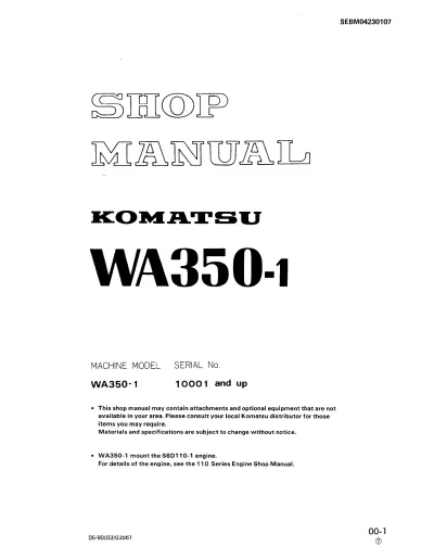 Komatsu WA350-1 Wheel Loader Shop Manual (P/N SEBM04230107)