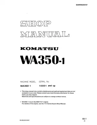 Komatsu WA350-1 wheel loader shop manual Preview image 1