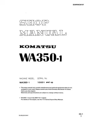 Komatsu WA350-1 Shop Manual and Service Guide