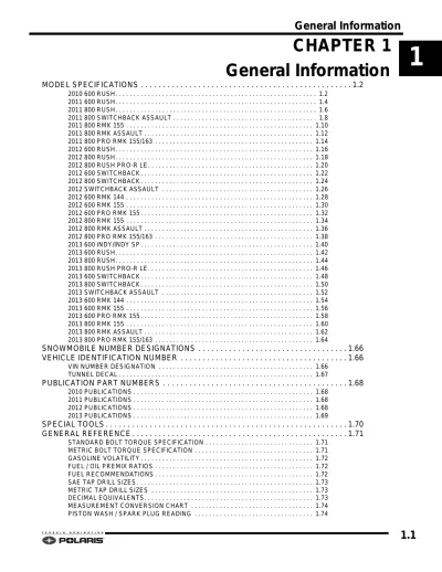 2010–2013 Polaris 600 800 Rush Switchback RMK Snowmobile Service Manual (P/N 9923844, 9923866)